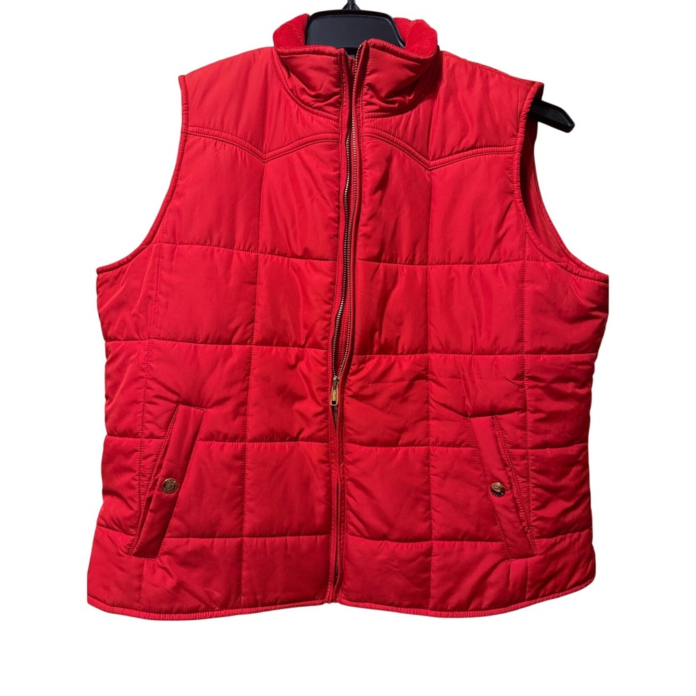 Chaps Red Quilted Puffer Vest Womens Petite XL Full Zip Gold Snap Pockets